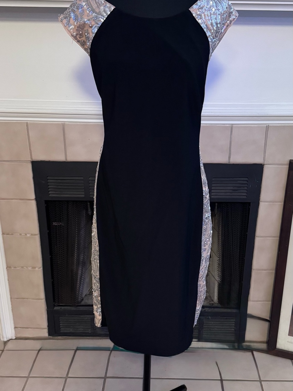R&M Richard’s Black and Cream Cocktail Dress with Silver Sequined Accents